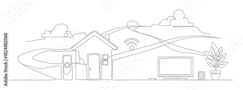 Minimalist Smart Home Automation Line Art Illustration - Elegant Curves, White Background