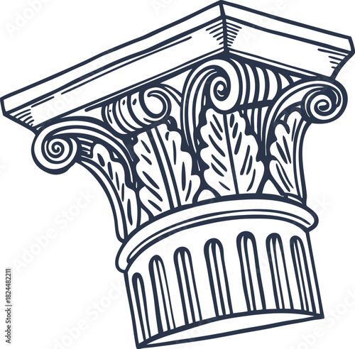 Classical ionic column capital with volutes and acanthus leaf ornament ancient greek architecture detail illustration