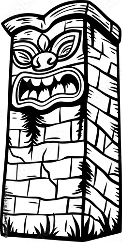 Ancient stone totem pillar with angry mythological face, tribal wall carving illustration