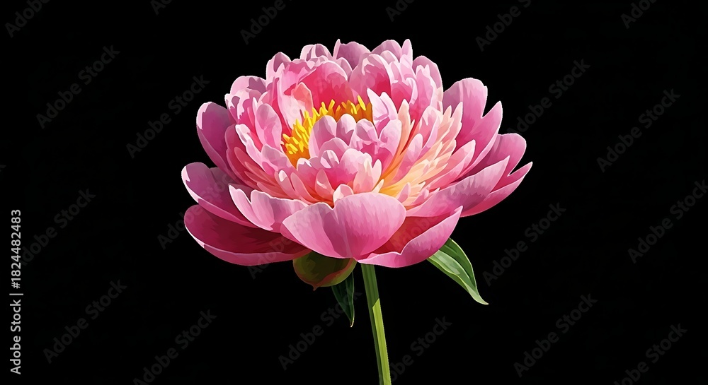 Obraz premium Vibrant pink peony flower with delicate petals and a bright yellow center isolated against a clean black background showcasing its natural beauty and elegance in a minimalist composition
