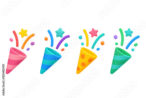 A row of four stylized 3D rendered party poppers, or confetti cannons, are depicted against a transparent background. Each party popper is slightly different in color and pattern.