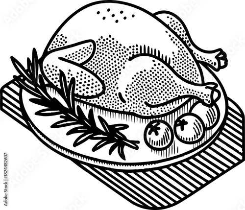 Roasted whole chicken on plate with tomatoes and herbs, rustic dinner meal illustration