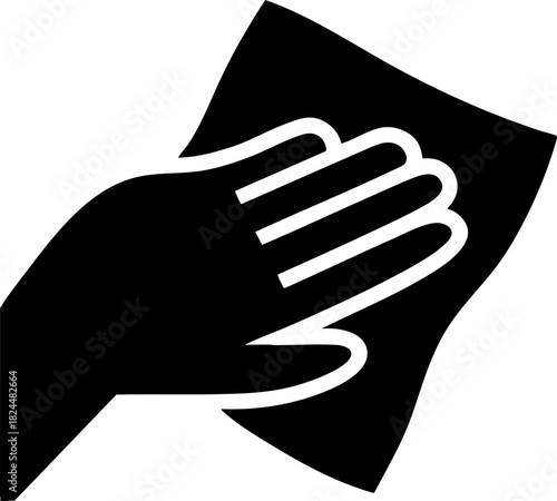 Black flat vector icon showing a hand with cloth wiping a surface for cleaning services