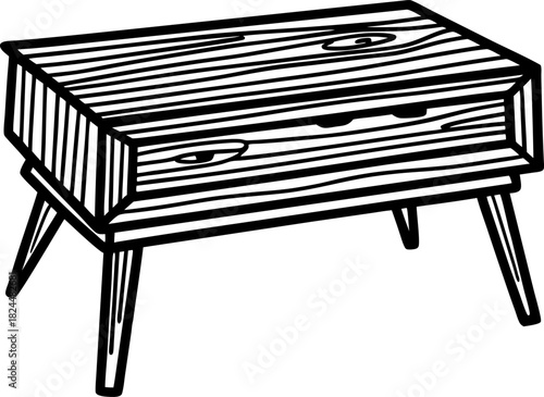 Mid century wooden coffee table with drawer retro furniture design, wood texture illustration