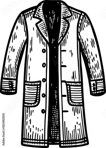 Long trench coat illustration, hand drawn vintage outerwear garment with buttons and pockets