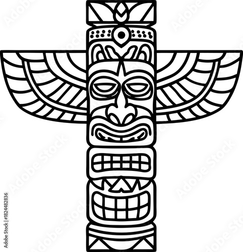 Stylized tribal totem pole illustration with geometric patterns and symmetrical decorative wings