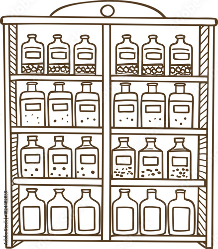 Bottles on wooden shelf outline illustration of glass containers with labels, pharmacy or apothecary storage