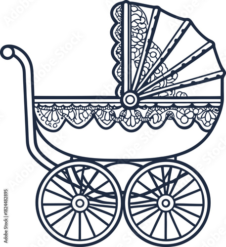 Vintage lace baby stroller illustration with ornate carriage and large decorative wheels