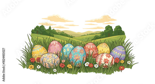 Celebrate the joy of Easter with vibrantly decorated eggs nestled in lush green grass against a picturesque landscape background illustration