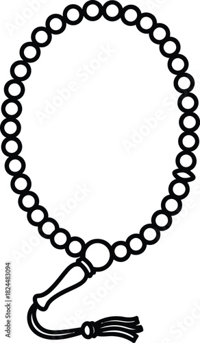 Black and line art illustration of a string of prayer beads with a tassel