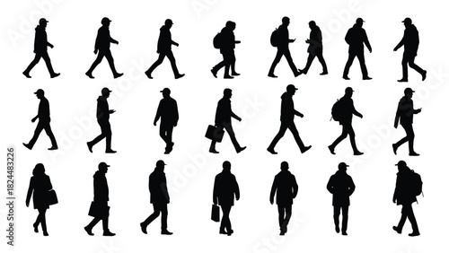 Diverse walking people silhouettes isolated on white background, Vector