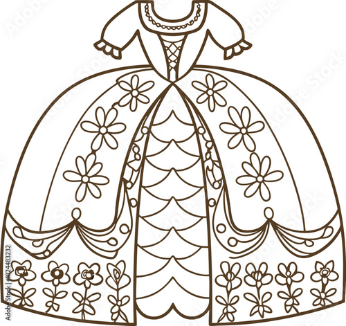 Vintage ball gown coloring page with floral decorations and ornate skirt pattern outline