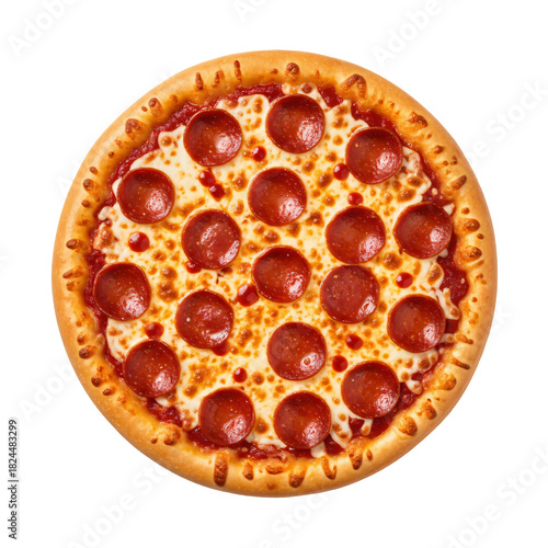 An overhead shot of a whole, uncut, round pepperoni pizza against a transparent background.