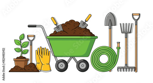 Get your garden growing with essential tools, potting soil, and a vibrant little plant ready to thrive this spring season