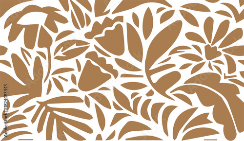 Abstract floral pattern with stylized leaves and flowers in warm brown tones