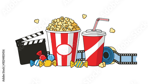 Movie night essentials with delicious popcorn, refreshing soda, candy treats, and a classic film reel for cozy indoor entertainment