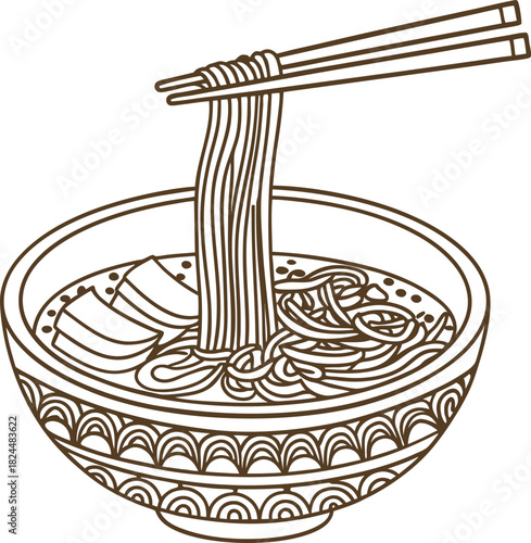 Illustration of ramen noodle bowl with chopsticks lifting noodles and decorative patterned bowl