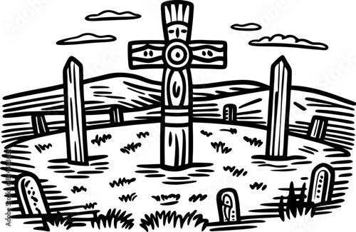 Graveyard cross and tombstones in rural landscape with hills, vintage monochrome memorial illustration