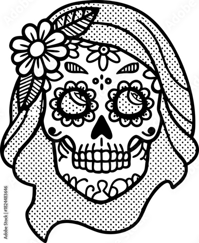 Sugar skull woman portrait with floral headscarf, dotted decorative line art illustration