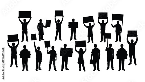 Protest silhouettes with blank signs isolated on white background, Vector