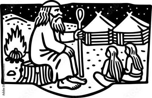 elderly sage telling stories by campfire to children near tents at night in desert landscape