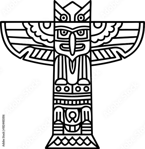 Stylized tribal totem pole outline ornamental ethnic bird totem icon, linear graphic illustration
