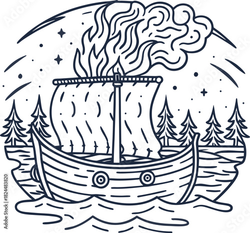 viking longship with billowing sail and smoke on river at night, pine forest and starry sky landscape