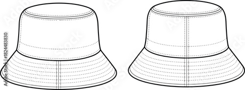 Bucket hat technical sketch, front and side view, segmented brim, fashion vector template, cad drawing flat vector illustration