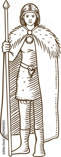 female warrior in fur cloak holding spear medieval fighter in armor, tribal guardian, heroic defender illustration