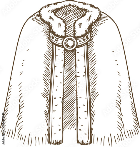 Royal fur cloak illustration with ornate clasp medieval fantasy warm cape garment, vintage hand drawn