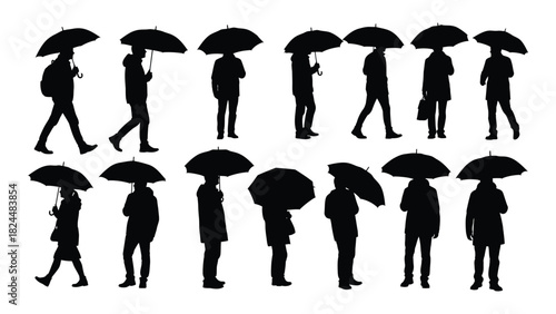 People with umbrellas silhouette set isolated on white background, Vector