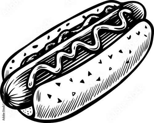 Hand drawn hot dog with sausage, bun, mustard and ketchup in vintage sketch illustration