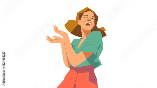 An illustration of a woman in a green top and coral pants laughing and spreading her arms