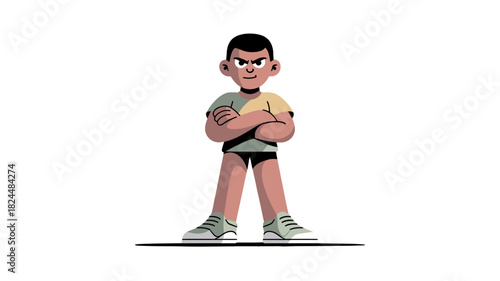 Young boy with arms crossed looking determined.