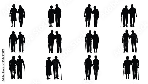 Elderly couples silhouette collection isolated on white background, Vector