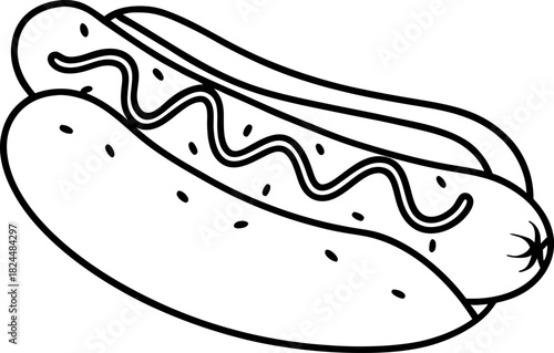 Hot dog with sausage and wavy sauce outline illustration, simple fast food icon design