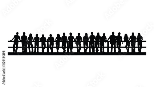 Diverse group of people silhouettes leaning on a railing isolated on white background, Vector