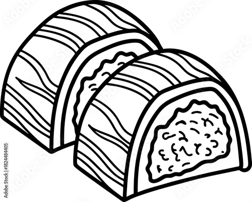 Sliced salmon maki sushi rolls with rice filling minimal black and white line art illustration
