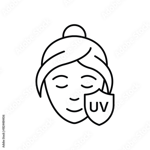 UV protection line icon. Continuous line with share plane. Skin care sign. Healthy face symbol. Five star rate review in speech bubble. UV protection single line ribbon. Loop curve pattern. Vector