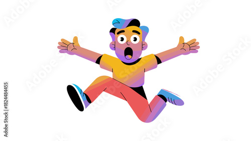 A startled person with open arms and a terrified expression.