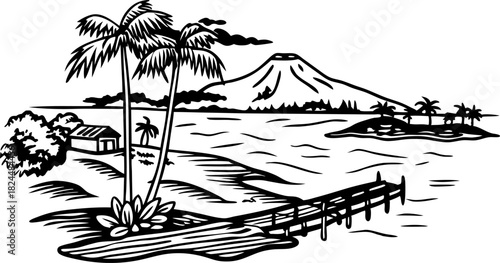 Tropical island coastline with palm trees, wooden pier and distant volcano landscape illustration
