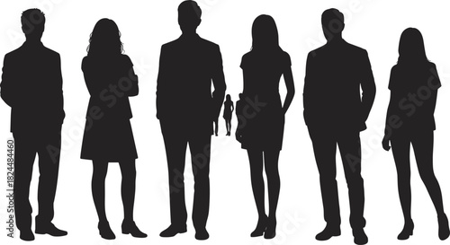 Business silhouettes, professional group, corporate team, formal attire, depth perspective, unity concept, diverse workforce, leadership image, teamwork symbol, black silhouettes, business