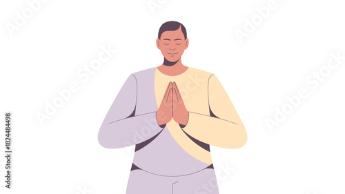 A man meditating in a peaceful pose, with hands together.