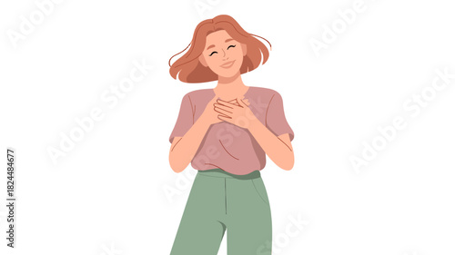 A woman expresses her gratitude with hand on chest.