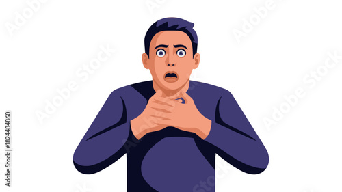 A man is choking in distress, gesturing to his throat.