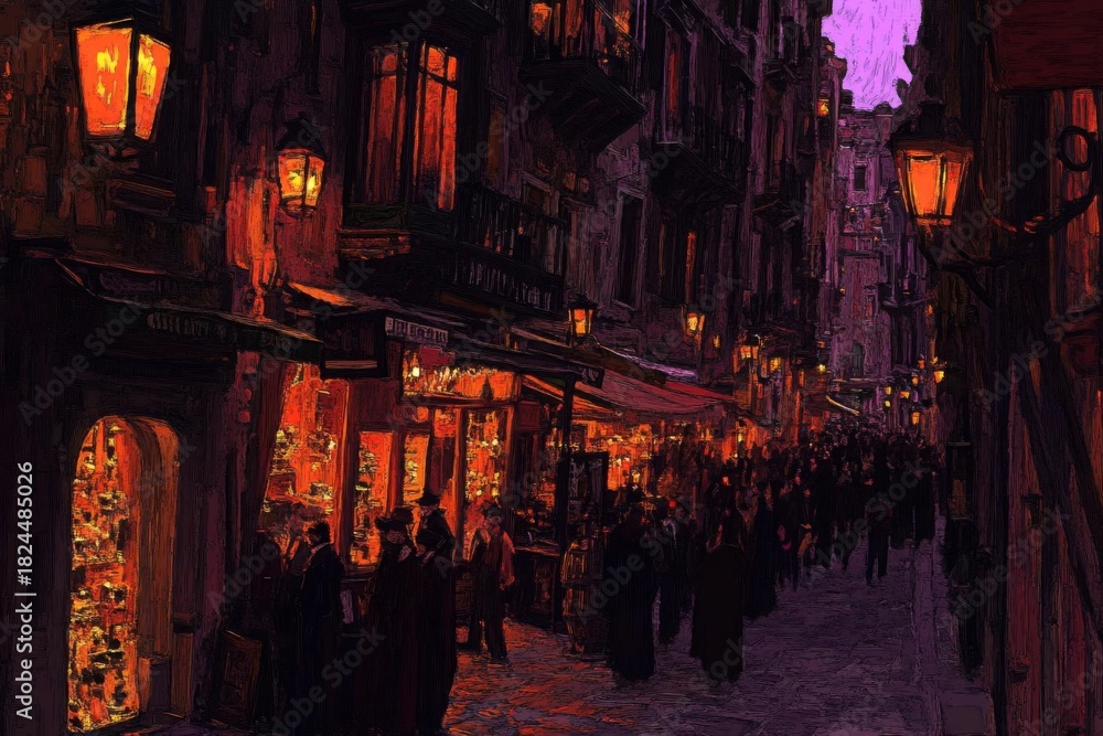 Obraz premium Night street in the old town Digital painting