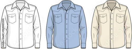 Cad drawing flat vector illustration, button-up shirt in white blue beige, fashion sketch, garment template, chest pocket design