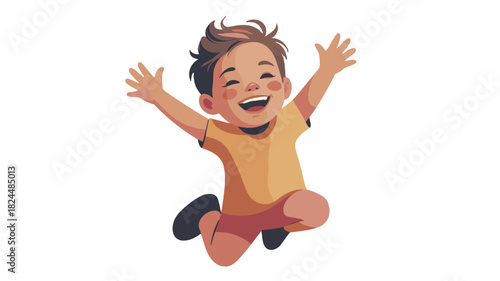 Joyful child jumping with both arms raised.