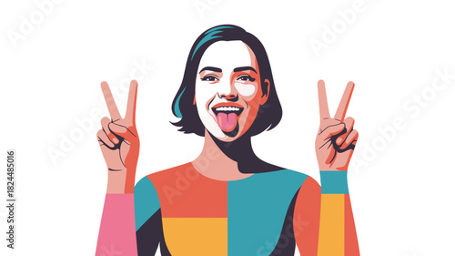 A cheerful person expresses joy through the peace sign.