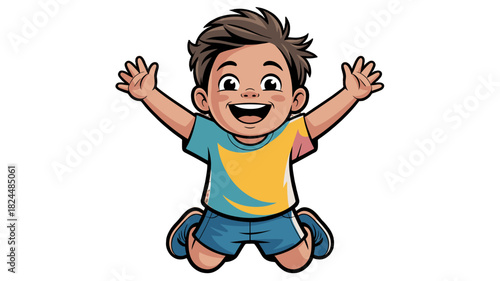 A cheerful young boy with arms outstretched, joyful expression.